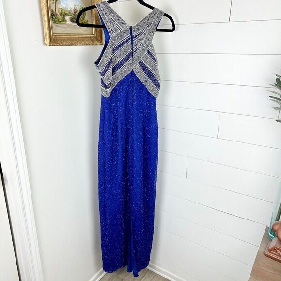 Laurence Kazar Vintage Silk Beaded Evening Gown Size Small Blue - Picture 2 of 10